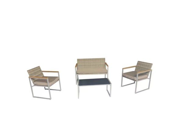 Artekko Rattan Διθέσιος Καναπές (115x60x80)cm 2x Πολυθρόνες (60x60x75)cm και Τραπέζι με Μαύρο Τζάμι (85x46x40)cm Γκρι Ανοιχτό Μεταλλικό Σκελετό με Ξύλο Πλαστικ Ρατάν και Μπεζ Μαξιλάρια Σετ/4