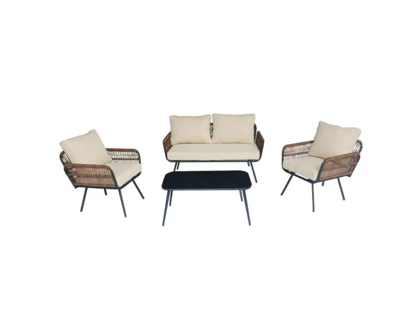 Artekko Rattan Καναπές (140x75x75)cm 2x Πολυθρόνες (66x75x75)cm Τραπέζι με Τζάμι (91x51x40)cm με Πλαστικ Κορδόνι Μεταλλικό  Μαύρο Σκελετό και Μπεζ Μαξιλάρι Σετ/4