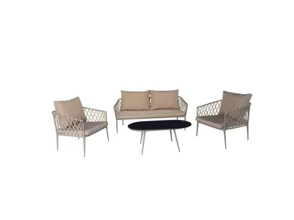 Artekko Rattan Καναπές (160x75x72)cm 2x Πολυθρόνες (76x75x72)cm Τραπέζι με Τζάμι (110x55x42)cm με Πλαστικ Κορδόνι Μεταλλικό Σκελετό Γκρι και Γκρι Μαξιλάρι Σετ/4