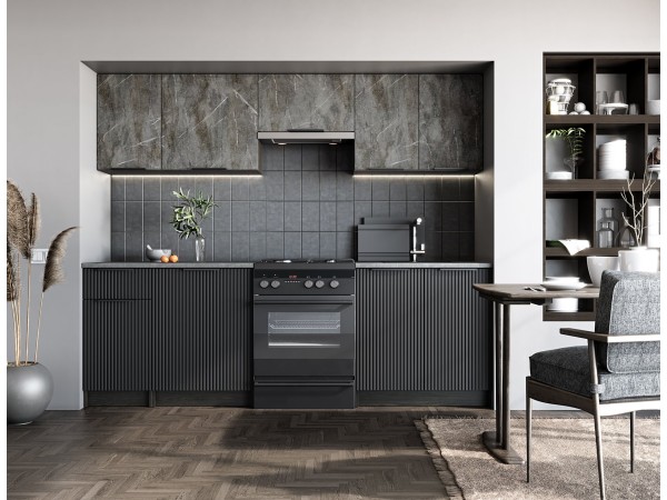 TAMARA 240 kitchen set, color: front - grey marble / black, body – carbon wood, worktop – grey