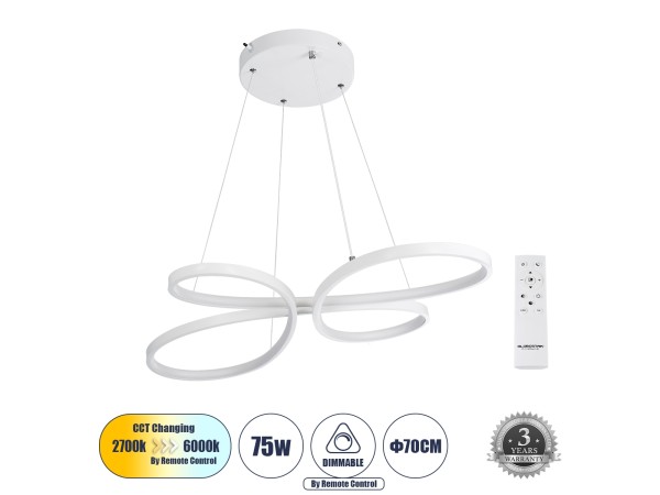 BUTTERFLY 61392 Κρεμαστό Φωτιστικό Οροφής Design LED CCT 75W 8400lm 300° AC 220-240V - Εναλλαγή Φωτισμού μέσω Τηλεχειριστηρίου All In One Ψυχρό 6000k+Φυσικό 4500k+Θερμό 2700k Dimmable Μ71 x Π52 x Υ4cm - Λευκό - 3 Years Warranty