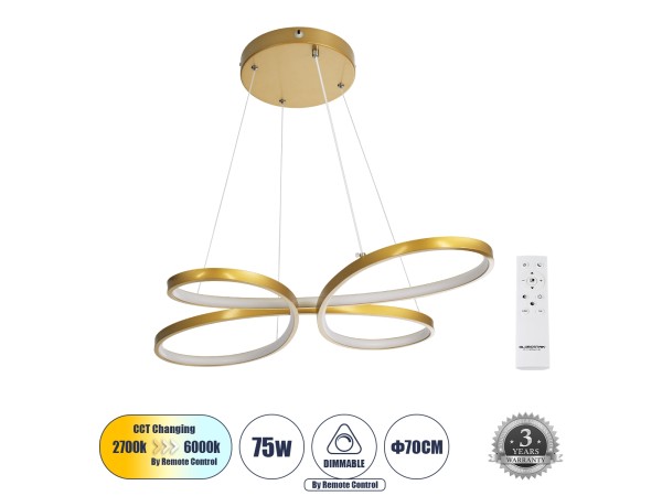 BUTTERFLY 61393 Κρεμαστό Φωτιστικό Οροφής Design LED CCT 75W 8400lm 300° AC 220-240V - Εναλλαγή Φωτισμού μέσω Τηλεχειριστηρίου All In One Ψυχρό 6000k+Φυσικό 4500k+Θερμό 2700k Dimmable Μ71 x Π52 x Υ4cm - Χρυσό Βούρτσας - 3 Years Warranty