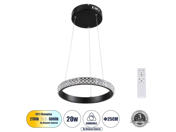 DIAMOND 61126 Κρεμαστό Φωτιστικό Δαχτυλίδι-Κύκλος LED CCT 20W 2356lm 360° AC 220-240V - Εναλλαγή Φωτισμού μέσω Τηλεχειριστηρίου All In One