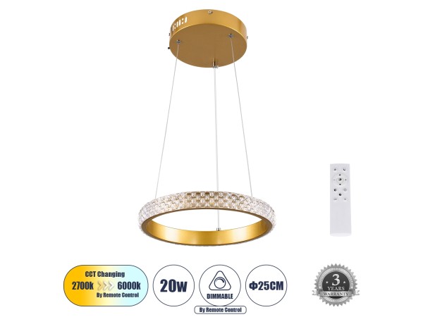 DIAMOND 61127 Κρεμαστό Φωτιστικό Δαχτυλίδι-Κύκλος LED CCT 20W 2356lm 360° AC 220-240V - Εναλλαγή Φωτισμού μέσω Τηλεχειριστηρίου All In One