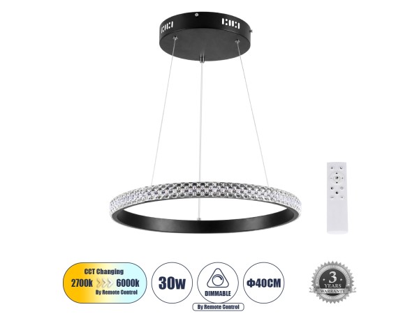 DIAMOND 61128 Κρεμαστό Φωτιστικό Δαχτυλίδι-Κύκλος LED CCT 30W 3513lm 360° AC 220-240V - Εναλλαγή Φωτισμού μέσω Τηλεχειριστηρίου All In One