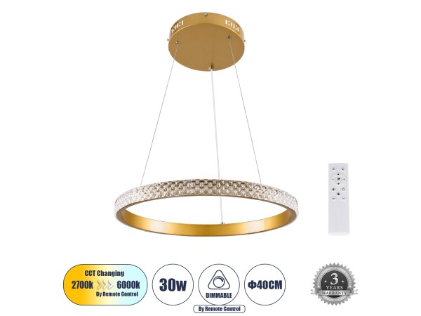 DIAMOND 61129 Κρεμαστό Φωτιστικό Δαχτυλίδι-Κύκλος LED CCT 30W 3513lm 360° AC 220-240V - Εναλλαγή Φωτισμού μέσω Τηλεχειριστηρίου All In One