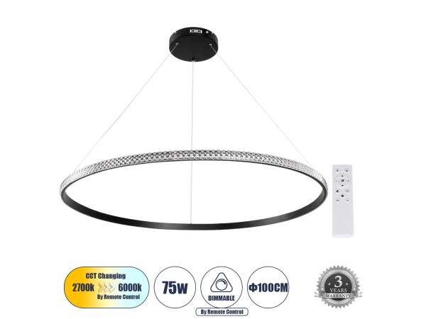 DIAMOND 61134 Κρεμαστό Φωτιστικό Δαχτυλίδι-Κύκλος LED CCT 75W 8743lm 360° AC 220-240V - Εναλλαγή Φωτισμού μέσω Τηλεχειριστηρίου All In One