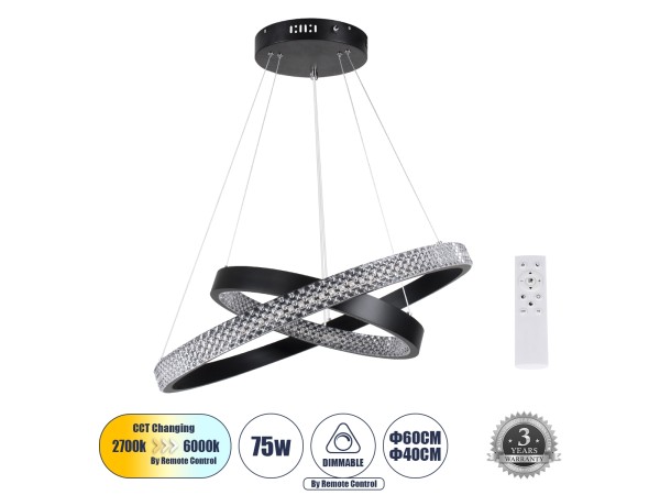 DIAMOND DUO 61150-DECO Κρεμαστό Φωτιστικό Δαχτυλίδι-Κύκλος LED CCT 75W 8743lm 360° AC 220-240V - Εναλλαγή Φωτισμού μέσω Τηλεχειριστηρίου All In One