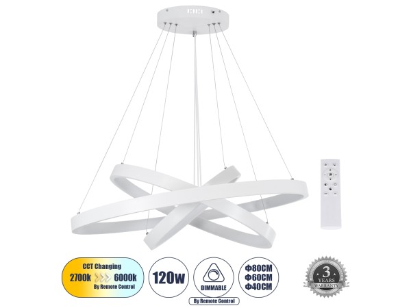 NEMESIS TRIO 61171-DECO Κρεμαστό Φωτιστικό Δαχτυλίδι-Κύκλος LED CCT 120W 14723lm 360° AC 220-240V - Εναλλαγή Φωτισμού μέσω Τηλεχειριστηρίου All In One Ψυχρό 6000k+Φυσικό 4500k+Θερμό 2700k Dimmable Φ40+60+80cm - Λευκό - 3 Years Warranty