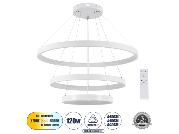 NEMESIS TRIO 61171 Κρεμαστό Φωτιστικό Δαχτυλίδι-Κύκλος LED CCT 120W 14723lm 360° AC 220-240V - Εναλλαγή Φωτισμού μέσω Τηλεχειριστηρίου All In One Ψυχρό 6000k+Φυσικό 4500k+Θερμό 2700k Dimmable Φ40+60+80cm - Λευκό - 3 Years Warranty