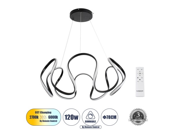 TARANTULA 61394 Κρεμαστό Φωτιστικό Οροφής Design LED CCT 120W 13440lm 300° AC 220-240V - Εναλλαγή Φωτισμού μέσω Τηλεχειριστηρίου All In One Ψυχρό 6000k+Φυσικό 4500k+Θερμό 2700k Dimmable Φ78 x Υ31.5cm - Μαύρο - 3 Years Warranty