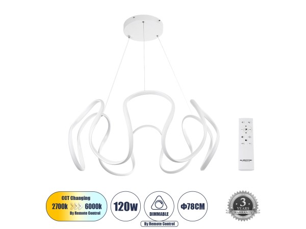 TARANTULA 61395 Κρεμαστό Φωτιστικό Οροφής Design LED CCT 120W 13440lm 300° AC 220-240V - Εναλλαγή Φωτισμού μέσω Τηλεχειριστηρίου All In One Ψυχρό 6000k+Φυσικό 4500k+Θερμό 2700k Dimmable Φ78 x Υ31.5cm - Λευκό - 3 Years Warranty