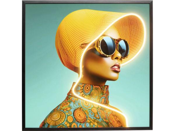 Πίνακας Καμβάς Sun Hat Woman Yellow LED Κίτρινο/Μπλε 80x80εκ. - Μπλε